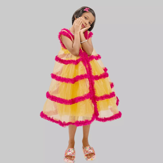 Yellow Ruffle Layered Frock With Embroidered Belt And Cape Style Jacket image 0