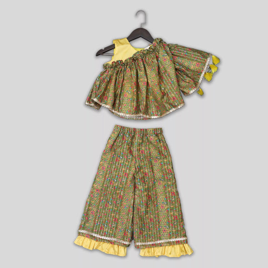 Green Palazzo with One Sleeve Crop Top image 2