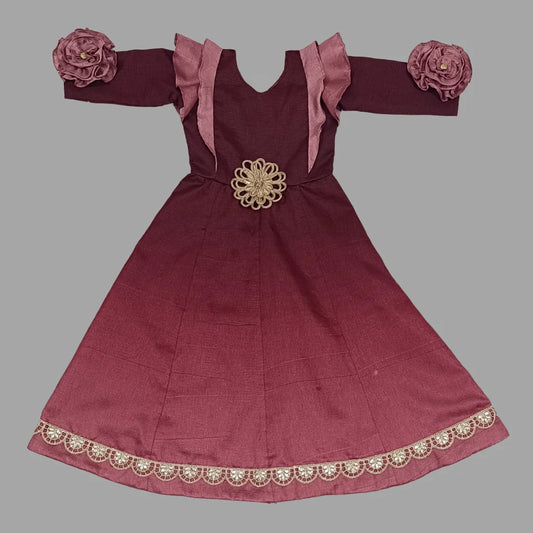 Maroon Long Gown With Flower Embellished On Sleeves For Girls image 2