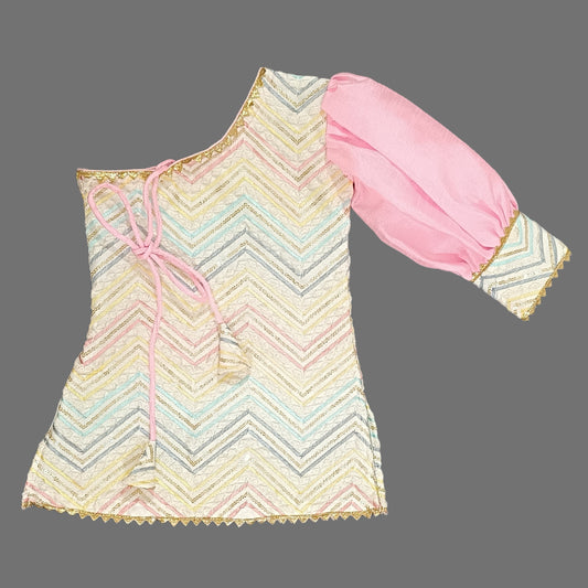 Pink One Shoulder Puff Sleeves Kurta And Tulip Pant With Dupatta image 2